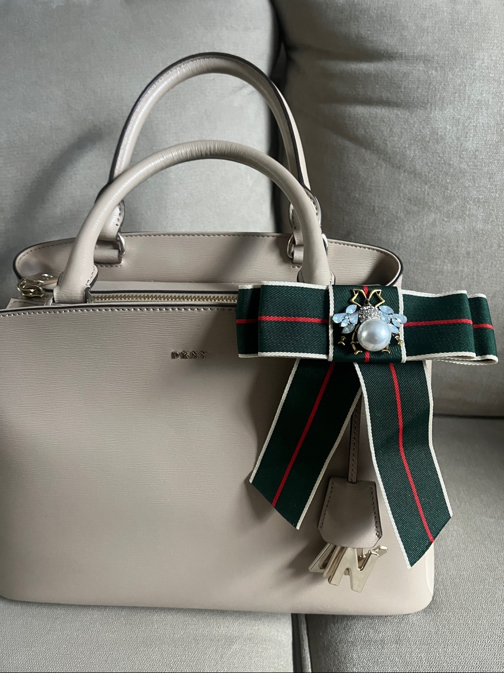 DKNY Beige Taupe Leather Satchel with Bow Charm